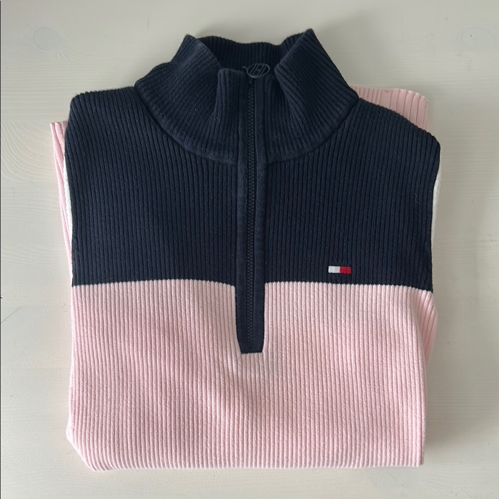 Tommy Hilfiger Black and Pink Ribbed Half-Zip Sweater